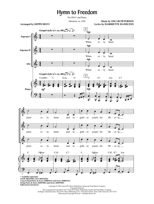 Hymn To Freedom (arr. Seppo Hovi) - Oscar Peterson (Choral, SSA)