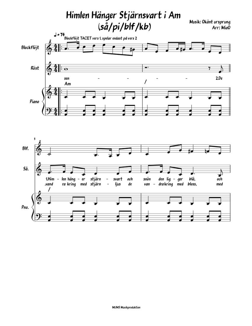 Himlen Hänger Stjärnsvart i Am (så/pi/blf/kb) Sheet Music for Piano ...