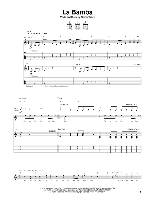 La Bamba - Los Lobos, Ritchie Valens (Guitar Tab)