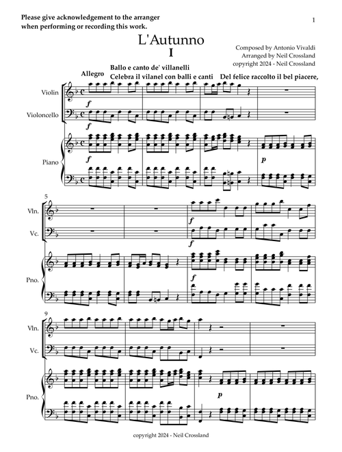 Vivaldi - Four Seasons - Autumn for Piano Trio (Arr. Neil Crossland) - Antonio Vivaldi (String Ensemble)