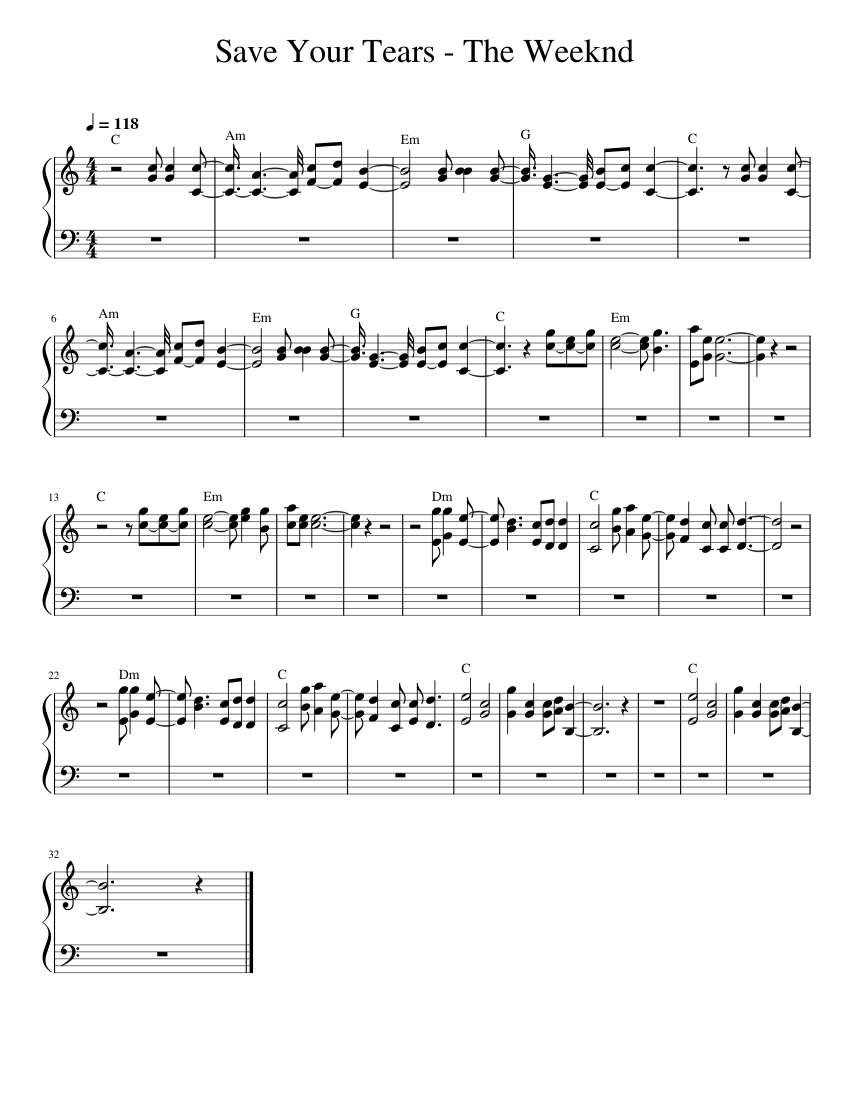 Save your tears – The Weeknd Sheet Music for Piano (Solo) easy ...