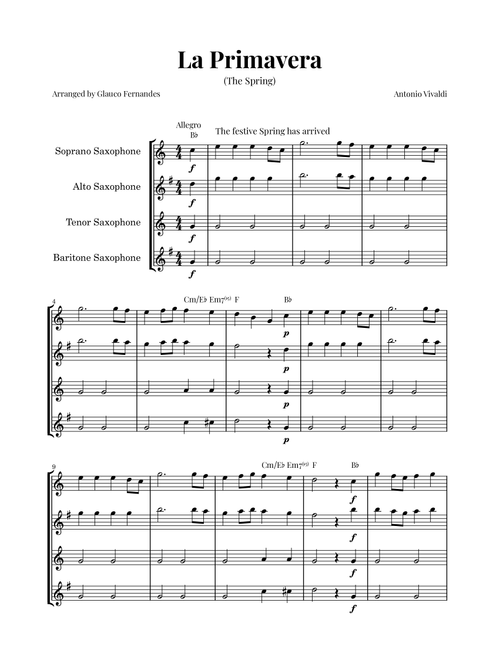 La Primavera (The Spring) by Vivaldi - Saxophone Quartet with Chord Notations (Arr. Glauco Fernandes) - Antonio Vivaldi (Woodwind Ensemble)