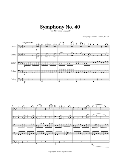 Symphony No. 40 by Mozart for Cello Quintet (Arr. Ander) (String Ensemble)