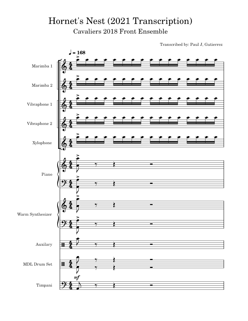Hornet's Nest Sheet Music for Piano, Timpani, Vibraphone, Drum