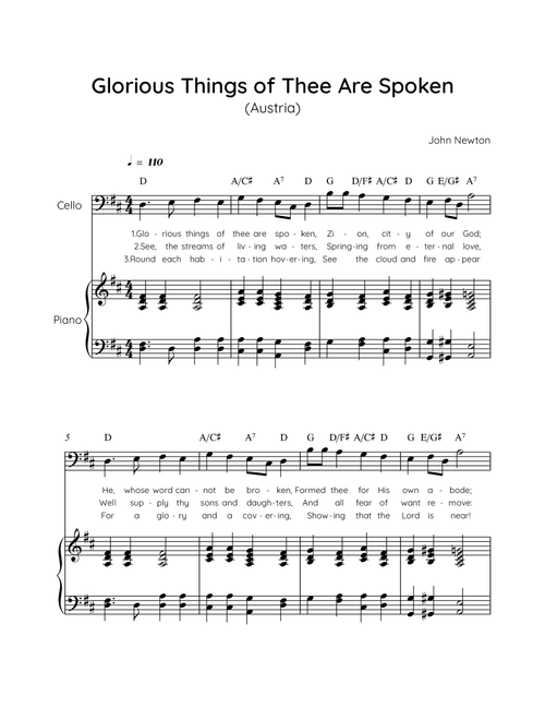 Glorious Things of Thee Are Spoken (Austria) - Cello with Piano in D Easy with Chords and Lyrics (Arr. MissoRB) - John Newton (Cello and Piano)