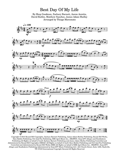 Best Day Of My Life (Arr. Thiago Marconato) - American Authors (Flute Solo)