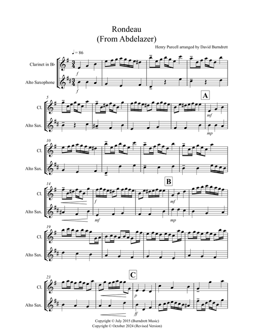 Rondeau (from Abdelazer) for Clarinet and Alto Saxophone Duet (Arr. David Burndrett) - Henry Purcell (Instrumental Duet)