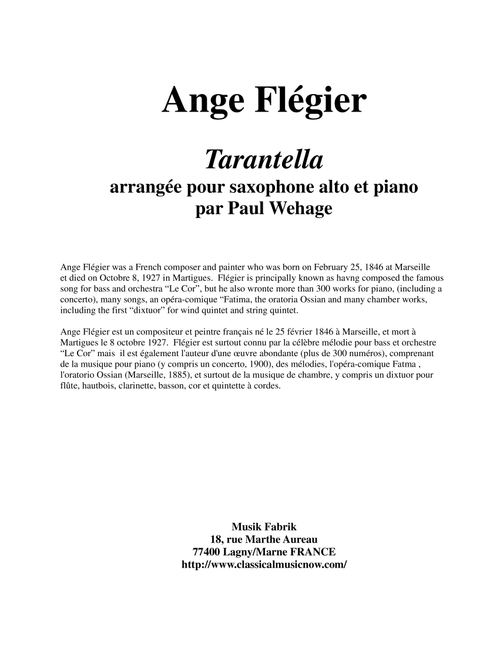 Ange Flégier: Tarantella for alto saxophone and piano (Arr. Paul Wehage) (Alto Sax and Piano)