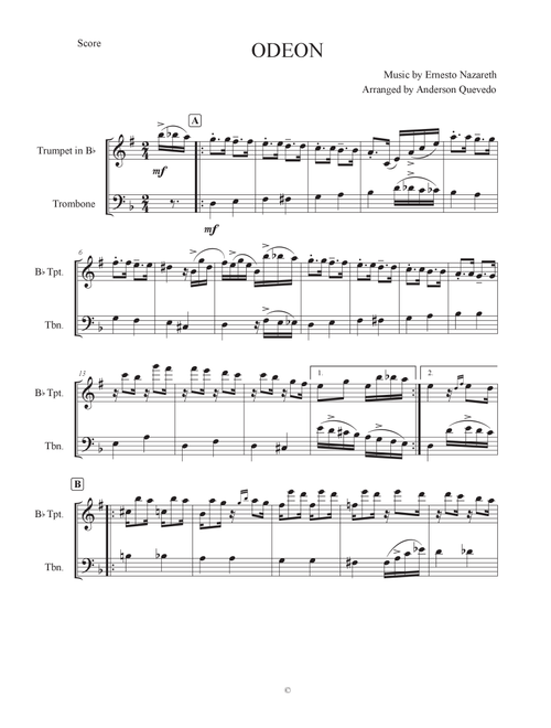 Odeon for Brass Duet (Trumpet in Bb & Trombone) (Arr. Anderson Quevedo) - Ernesto Nazareth (Instrumental Duet)