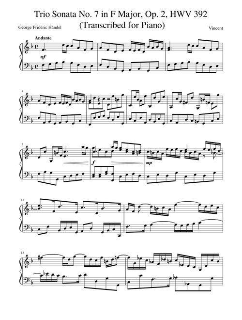 Hándel - Trio Sonata No. 7 in F Major, Op. 2, HWV 392 (Transcribed for Piano)