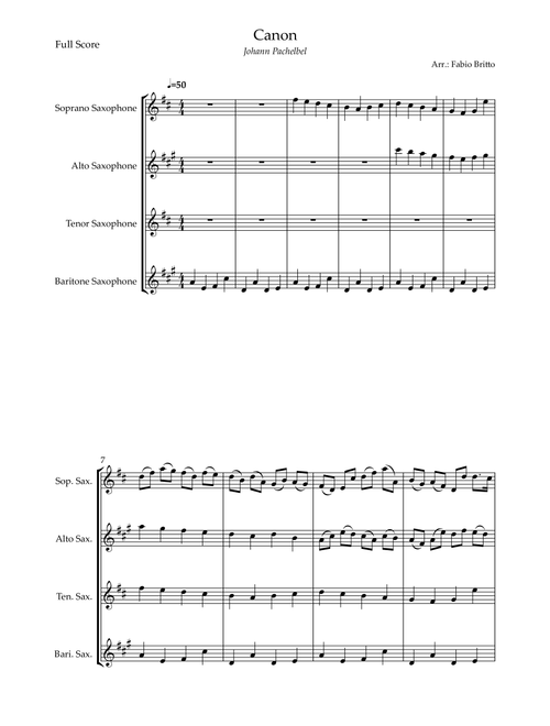 Canon - Johann Pachelbel (Wedding/Reduced Version) for Saxophone Quartet (Arr. Fabio Britto) (Woodwind Ensemble)