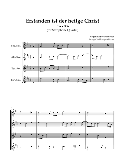Bach's Choral - "Erstanden ist der heilge Christ" (Saxophone Quartet) (Arr. Henrique Oliveira) - Johann Sebastian Bach (Woodwind Ensemble)