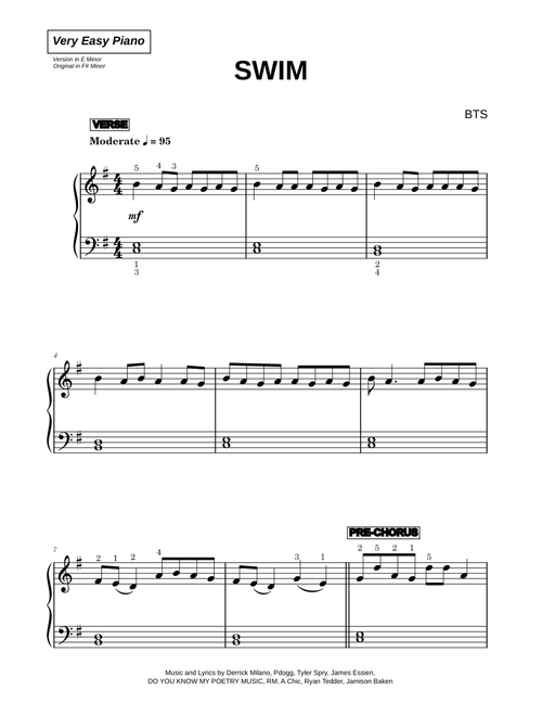 SWIM - BTS (Very Easy Piano)