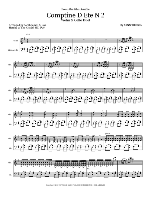 Comptine D Ete N 2 (Arr. Sarah James & Jaya Hanley of The Chapel Hill Duo) - Tiersen Yann (Instrumental Duet)