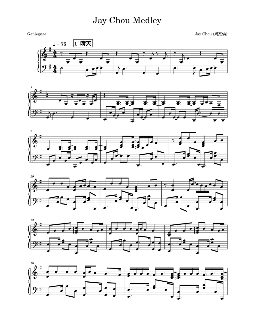 Image Châu Kiệt Luân image beautiful - Jay Chou Medley Sheet music for Piano (Solo) | Musescore.com