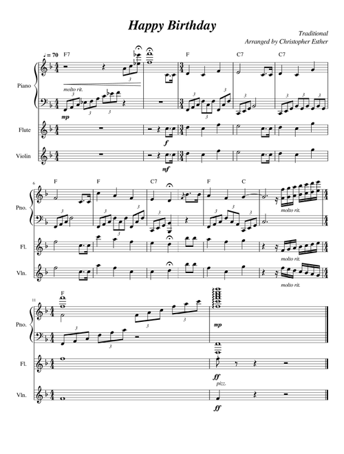 Happy Birthday (Piano, Flute, Violin) (Arr. Christopher Esther) - Traditional (Instrumental Duet and Piano)