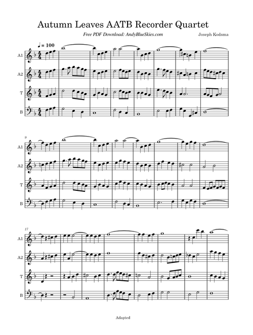 Autumn Leaves AATB Recorder Quartet