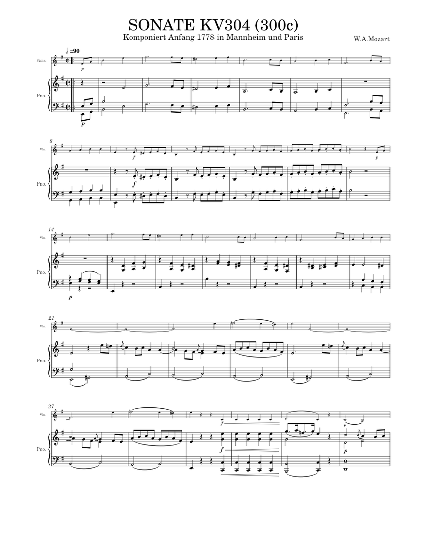 Violin Sonata in E minor K.304 - Mozart Sheet Music for Piano