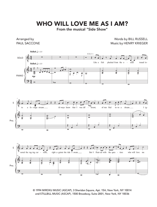 Who Will Love Me As I Am? (Arr. Paul Saccone) - Sideshow Original B'way Cast (Choral, TTBB)
