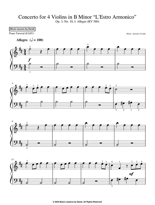 Concerto for 4 Violins in B Minor “L'Estro Armonico” (EASY PIANO) Op. 3, No. 10, I. Allegro (RV 580) (Arr. Darek) - Antonio Vivaldi (Easy Piano)