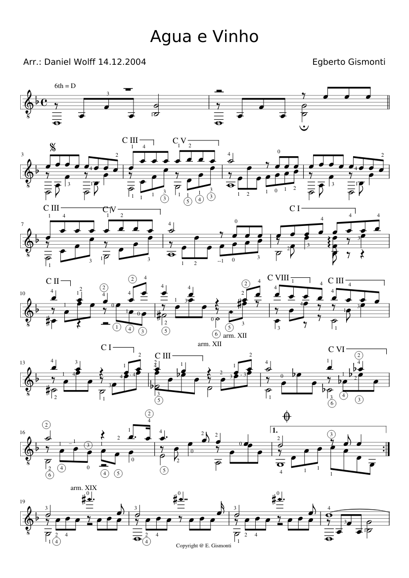 Agua e vinho-E. Gismonti-arr. D. Wolff Sheet music for Guitar (Solo) |  Musescore.com