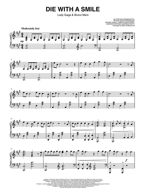 Die With A Smile (Arr. Mario Stallbaumer) - Bruno Mars And Lady Gaga (Piano Solo) sheet music arranged by ArrangeMe for Solo