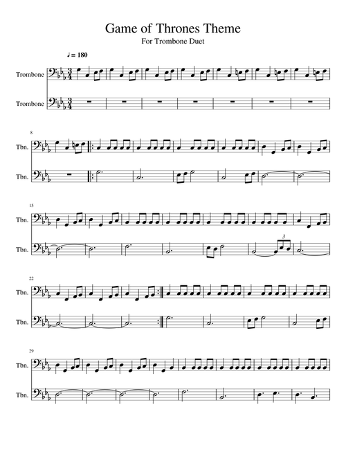 Game of Thrones Theme Song - For Trombone Duet
