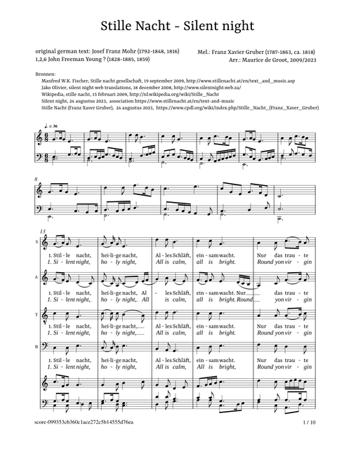 Stille nacht - Silent night sheet music arranged by mdg