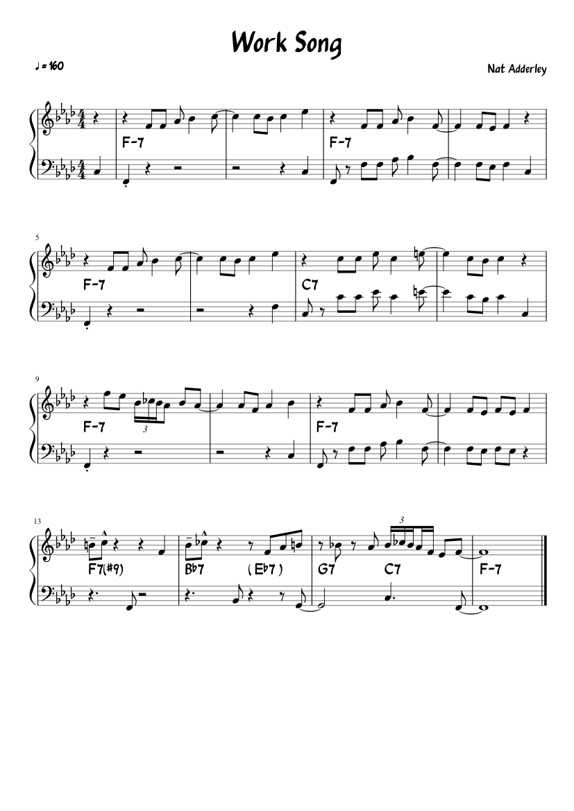 adolescente Sano superficie Work song - melody and bass (Nat Adderley) Sheet music for Piano (Solo) |  Musescore.com