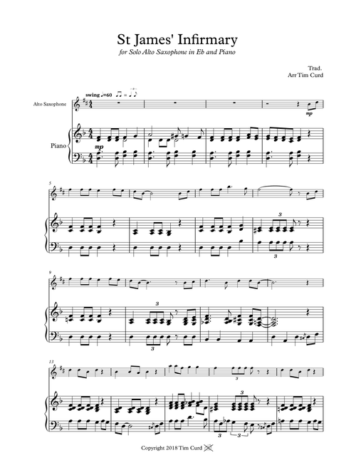 St James' Infirmary. for Solo Alto Sax and Piano (Arr. Tim Curd) - trad. (Alto Sax and Piano)