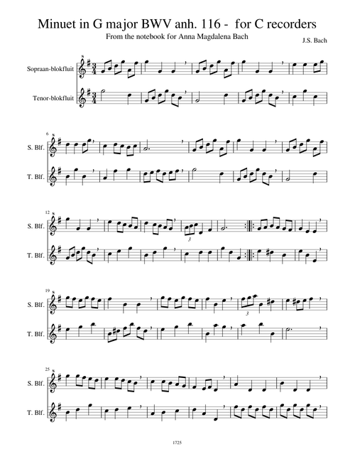Minuet in G major BWV anh. 116 - for C recorders