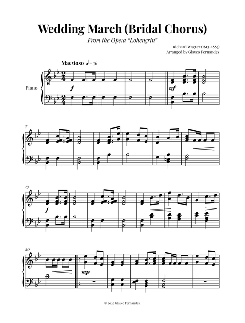 Wedding March (Bridal Chorus) - Wagner | Piano Sheet Music (Arr. Glauco Fernandes) - Richard Wagner (Piano Solo)