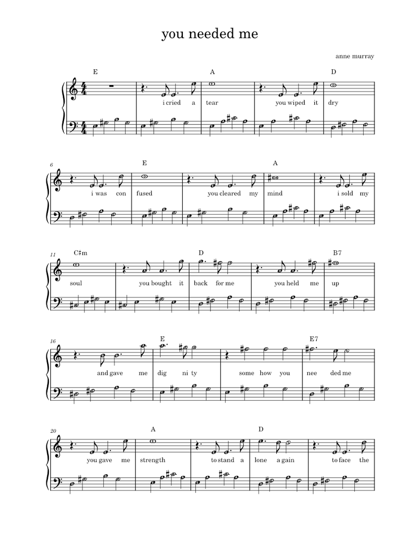 You needed me – Anne Murray Sheet Music with Chords for Piano