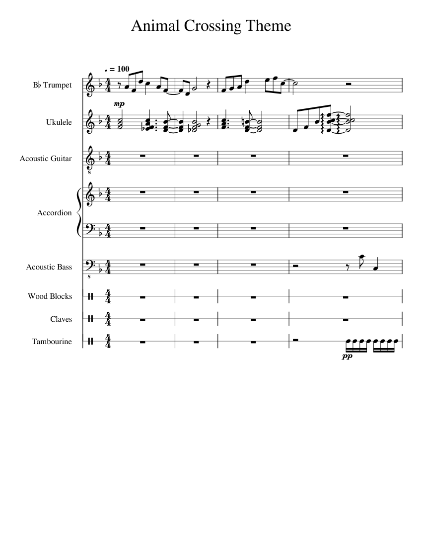 Animal Crossing Theme Sheet music for Accordion, Tambourine, Trumpet in