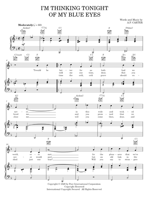 I'm Thinking Tonight Of My Blue Eyes - Bing Crosby, Gene Autry (Piano-Vocal-Guitar)