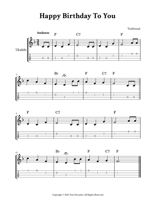 Happy Birthday To You - For Ukulele (F Major - with TAB and Chords) (Arr. Yuri Noronha) - Traditional (Ukulele)