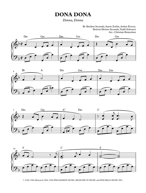 Dona Dona (Arr. Christian Bennedsen) - Teddi Schwartz, Sheldon Secunda, Arthur Kevess (Piano Solo)