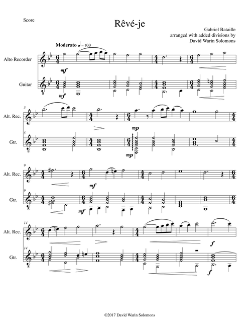 Rêvé-je (Am I dreaming) for alto recorder and guitar (Arr. David Warin Solomons) - Gabriel Bataille (Instrumental Duet)