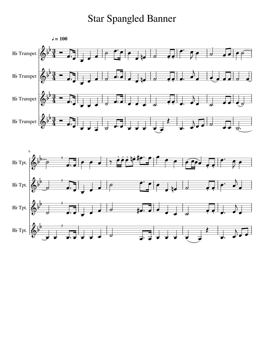 Star Spangled Banner Sheet music for Trumpet in bflat (Mixed Quartet