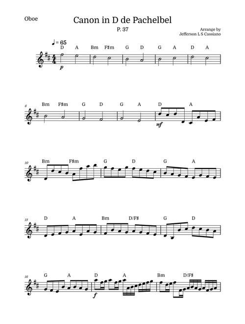 Canon in D – Oboe with Chords (Easy / Intermediate) – Johann Pachelbel (Arr. Jefferson LS Cassiano) (Oboe and Piano)