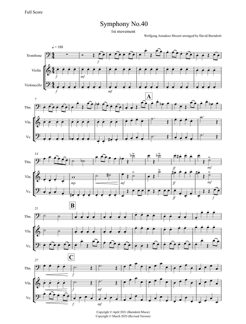 Symphony No.40 (1st movement) for Trombone, Violin and Cello Trio (Arr. David Burndrett) - Wolfgang Amadeus Mozart (Small Ensemble)