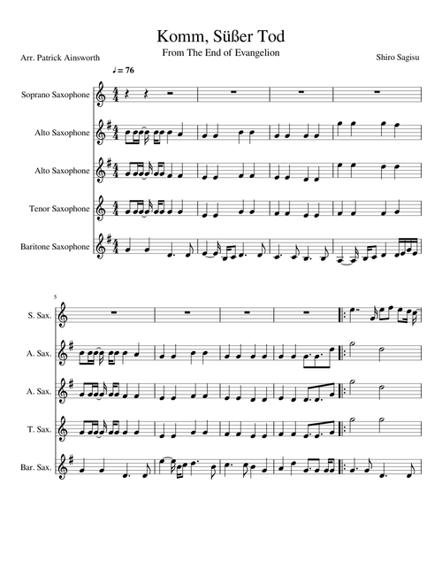 Neon Genesis Evangelion ~ Komm Susser Todd for Saxophone Quintet