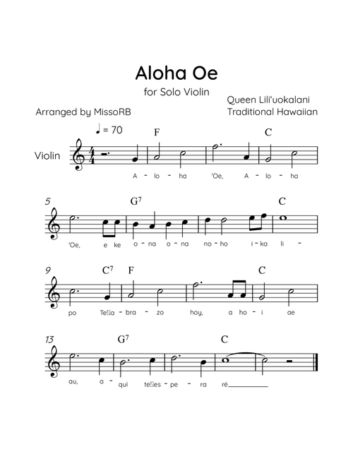 Aloha Oe - Solo Violin in C Major Easy With Lyrics & Chords (Arr. MissoRB) - Queen Liliʻuokalani (Violin Solo)