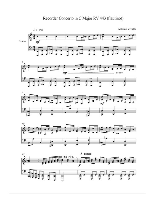 Recorder Concerto in C Major RV 443 (flautino) - Antonio Vivaldi (Piano Solo)