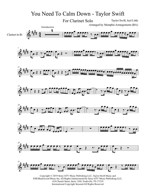 You Need To Calm Down (Arr. Memphis Arrangements (BA)) - Taylor Swift (Clarinet Solo)