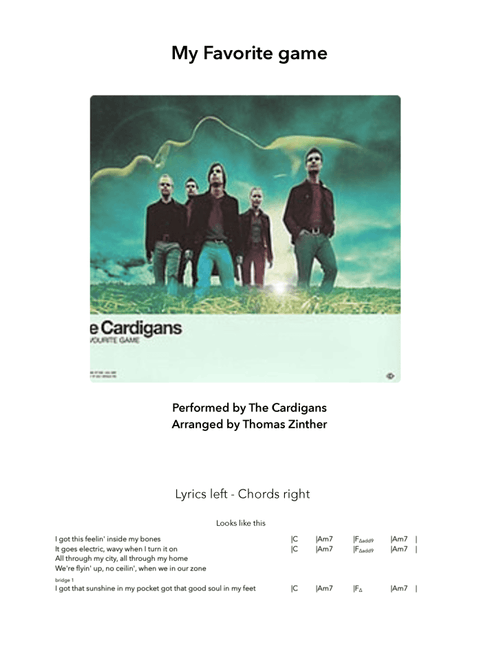 My Favourite Game (Arr. Thomas Zinther) - The Cardigans (Piano Chords-Lyrics)