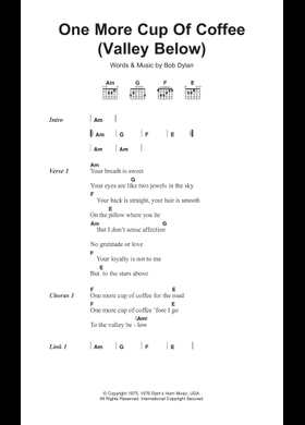 Free One More Cup Of Coffee by Bob Dylan sheet music | Download PDF or  print on MuseScore.com