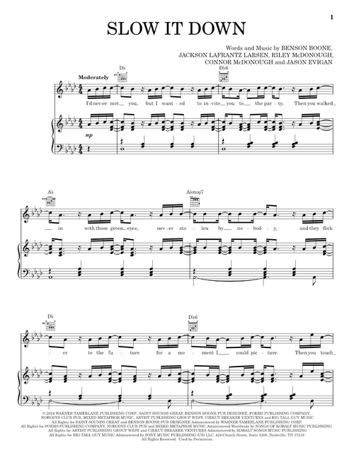 Slow It Down - Benson Boone (Piano-Vocal-Guitar)