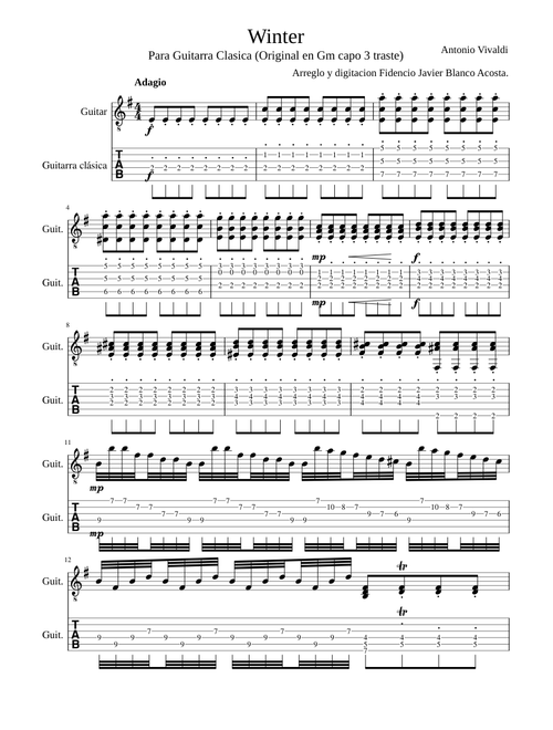Vivaldi Winter invierno Guitar transcripcion