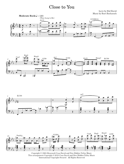 (They Long To Be) Close To You - Bacharach & David, Carpenters, Erroll Garner (Piano Vocal)